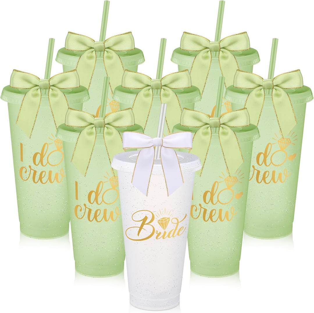 8 Pcs Bridesmaid Plastic Tumbler with Straw Lid and Twist Bow 24 oz I Do Crew and Bride Reusable Tumbler Bridal Party Proposal Gifts Bachelorette Party Gifts for Wedding Bridal Bridesmaid(Green)