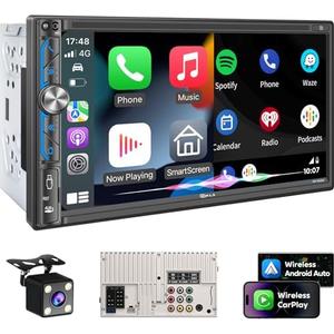 PLZ 7" Wireless Double Din Car Stereo Apple Carplay Radio Screen for Car Audio Receivers, Bluetooth 5.3 Car Play Android Auto Touchscreen, 240W 4.2 CHN 2 Subwoofers Outputs, Backup Camera, SWC, FM/AM