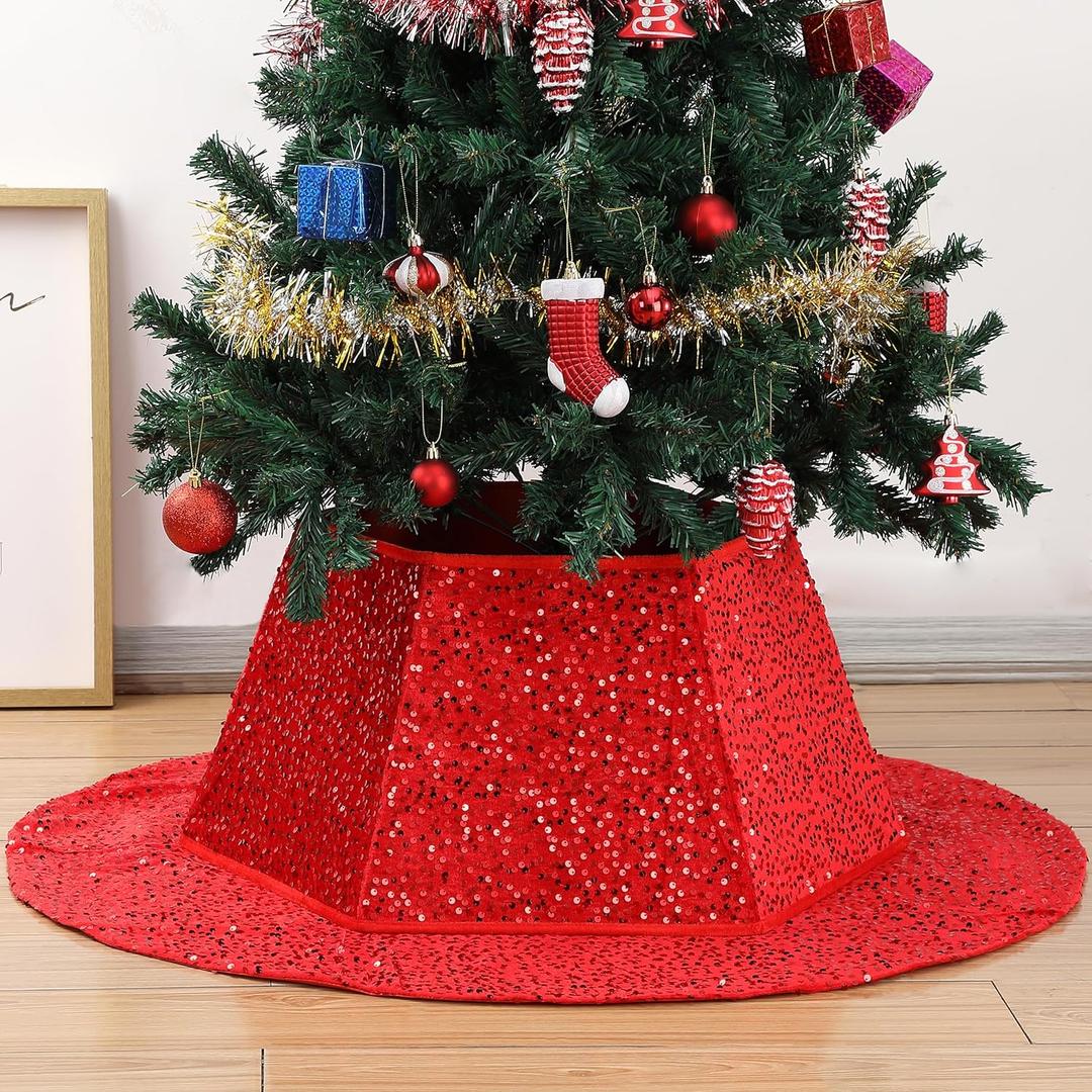 Mr. Pen- Red Sequin Christmas Tree Skirt and Tree Collar, 36 Inch Sparkly Base Cover, 24.8 Inch Foldable Sparkling Sequin Trees Skirt Collar, Red Sequin Tree Skirt, Christmas Skirts for Xmas Trees