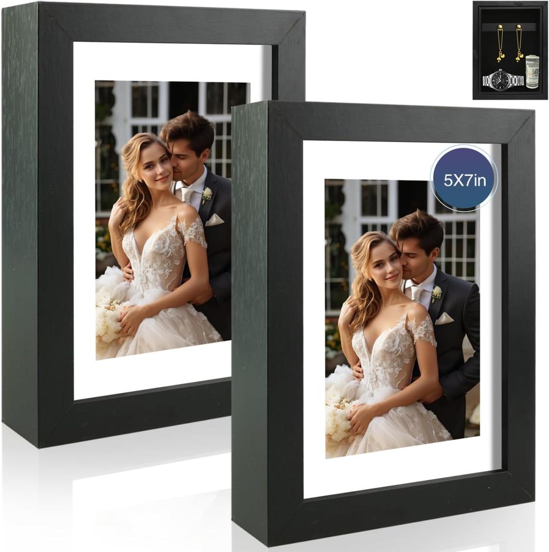 Hidden Picture Frame Safe 5x7 Disguised Storage Frame with Secret Compartment to Hide Cash, Jewelry, Keys  Wall or Tabletop Diversion Safe Blends with Home Dcor, Black, 2-Pack