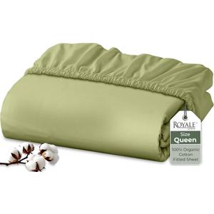 Royale Linens 100% Organic Cotton Fitted Sheet - Percale Weave - Super Soft Deep Pocket Bottom Sheets - Sage Green Elastic Sheet Queen Size - Queen Fitted Sheets Only - (60"x80"+15", Sage Green)