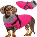 Queenmore Dog Jackets for Large Dogs, Dog Coat with Harness Built in,Waterproof Dogs Coats with Zipper On Back,Warm Fleece Lining Cold Weather Pet Coats with Furry Collar for Labrador,Rosered,L