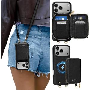 ORNARTO Magnetic Detachable Wallet Case for iPhone 17 Pro Max, [Compatible with MagSafe], Crossbody Wallet Case with Card Holder Wrist Strap, RFID Blocking PU Leather Wallet Phone Cover 6.9", Black