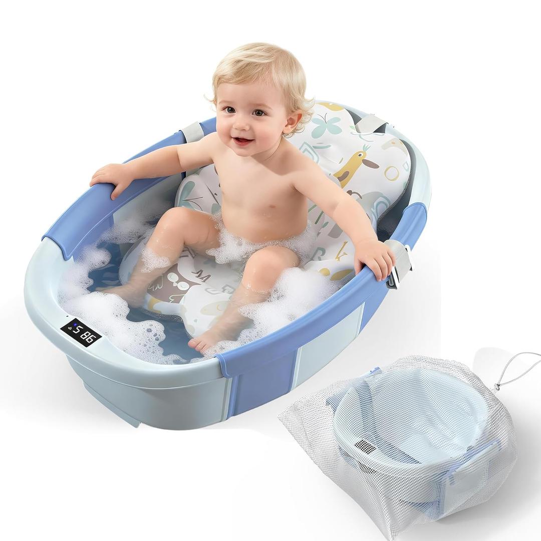TOSGN Collapsible Baby Bathtub, 3s to Install, Baby Bath Tub with Soft Cushion & Thermometer, 0-36 Months Newborn Bathtub,Portable Travel Baby Tub, Blue