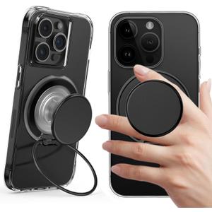AUROX for MagSafe Phone Grip, Magnetic Phone Grips [Comfortable Grip], Expandable Collapsible Phone Grip Stand Holder with Adjustable Kickstand, for iPhone 16 15 14 13 12 Series,TransparentBlack