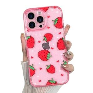 MZELQ for iPhone 16 Pro Max Case Strawberry Bling Glitter Cute Pattern, Shockproof Strawberry Crystal Clear Phone Cover for Girls Women Full Body Protection+ 1* Screen Protector -Pink