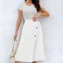 CHARTOU Women's Summer Linen Elastic Back Buttoned Swing Midi A Line Skirt (White, XL)