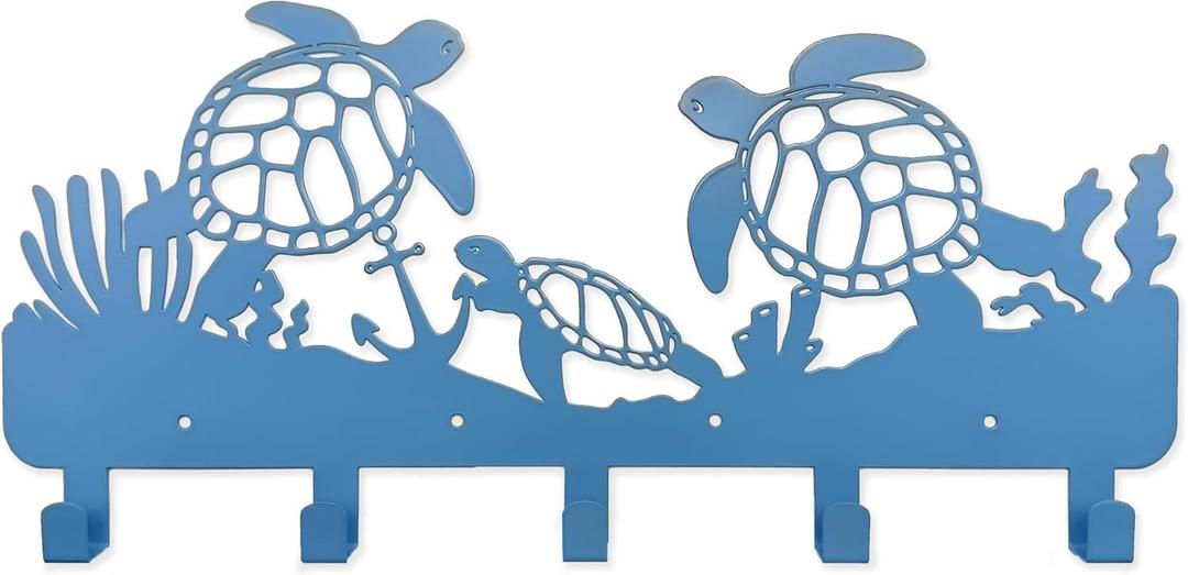 Chordwave Sea Turtle Coat Hooks Key Holder for Wall Metal Sea Animal Wall Art Beach Theme Decor for Home Living Room Bathroom Garden Patio Gift for Ocean Lovers, Blue