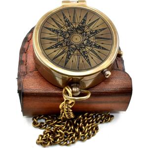 Classic Handmade Antique Functional Brass Compass with Chain and Leather Case Vintage Decorative Pocket Compass for Men and Women for Wife