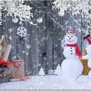 Dudaacvt 8x6ft Christmas Snowman Backdrop Rustic Wood Wall Winter Wonderland Background Snowflakes Gifts Frosted Trees Holiday Party Photo Booth Home Decor