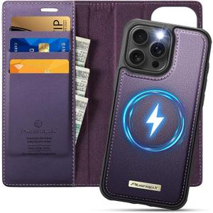 Wallet Case for iPhone 16 Pro Max Compatible with Magsafe, 2-in-1 PU Leather Flip RFID Blocking Card Holder Stand Shockproof Magnetic Detachable Cover for iPhone 16 Pro Max, Fashion Purple