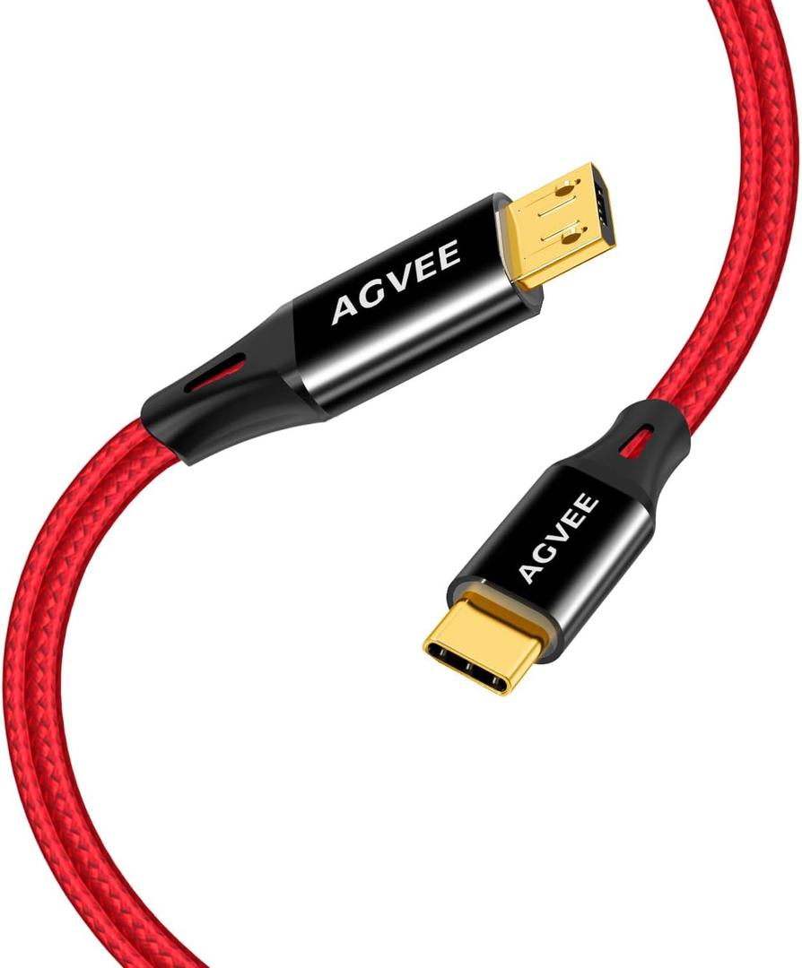 AGVEE 2 Pack 6.6ft USB-C to Micro USB Cable, Gold Plated End Tips, Braided Charger Data Sync Cord Charging Adapter for Micro USB Devices, PS4, Kindle, Android Phone, Red
