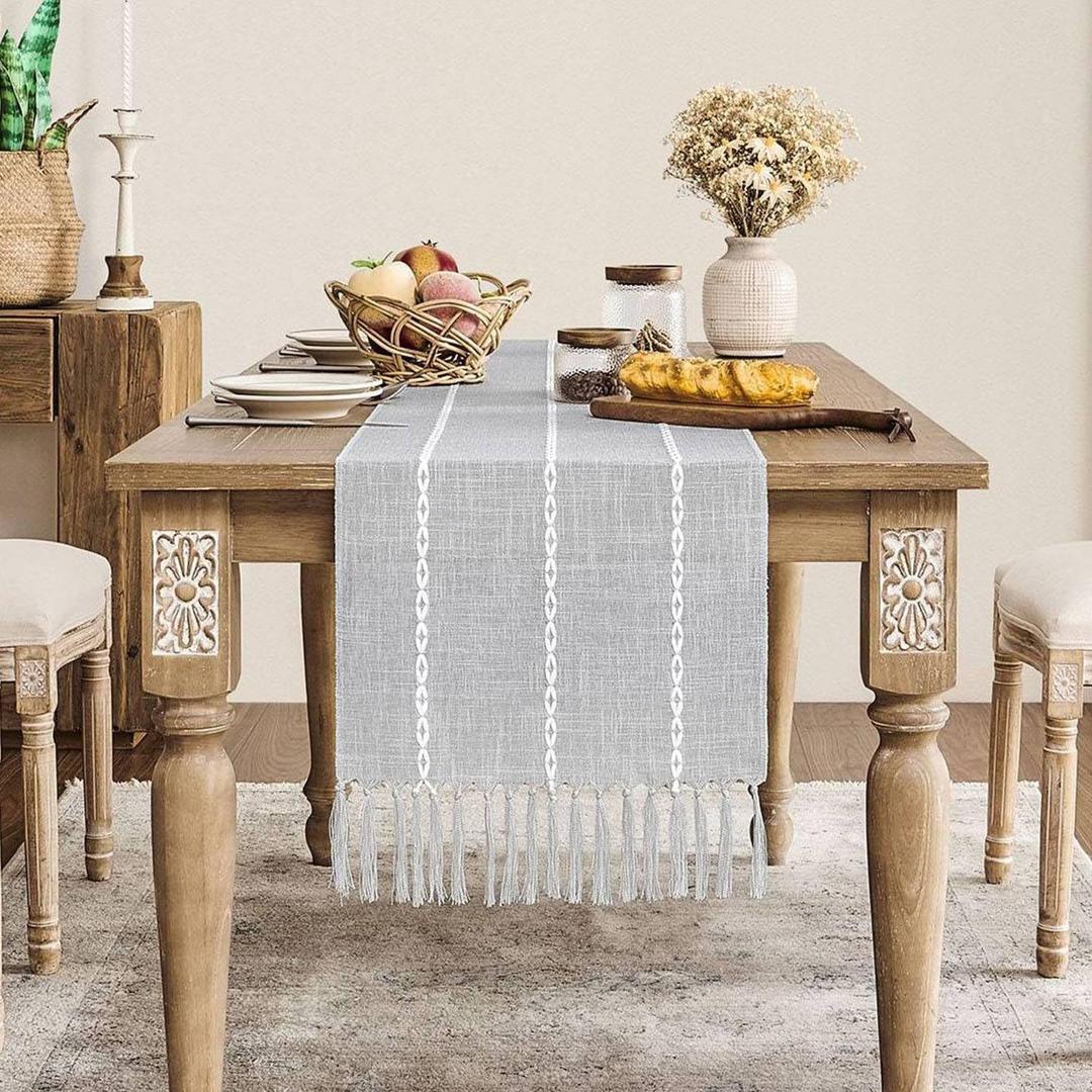 ZeeMart Farmhouse Braided Striped Table Runner, Rustic Grey Table Runners 60 Inches Long Boho Home Decor, Light Grey 15x60 Inches
