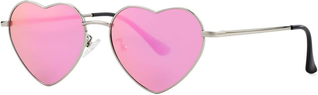Polarized Heart Shaped Sunglasses for Women Metal Frame Cute Lovely Glasses 100% UV Protection (Silver/Rosepink Mirror)