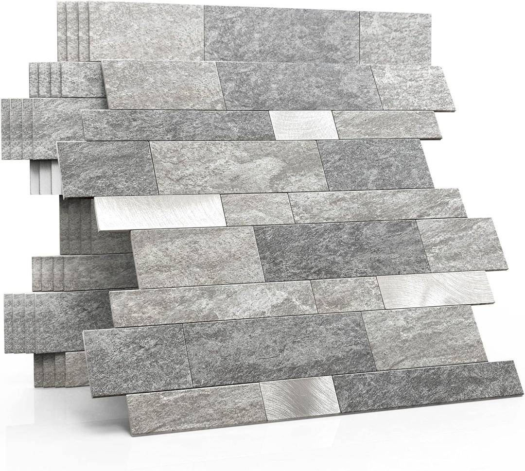 MOFIT Backsplash Tile for Kitchen Peel and Stick Stone Matte Finish,Bathroom Tiles Stickers 3D Wall Panel Linear Mosaic Marble Backsplash Waterproof (5sheets,Gray Silver)