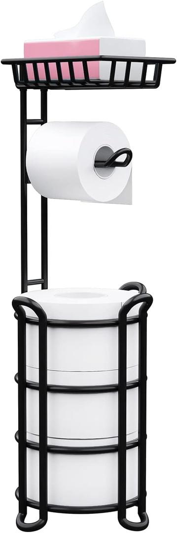 Toilet Paper Holder Stand with Shelf, Free Standing Tissue Roll Storage Rack with Dispenser for Bathroom, Black (23.6'')