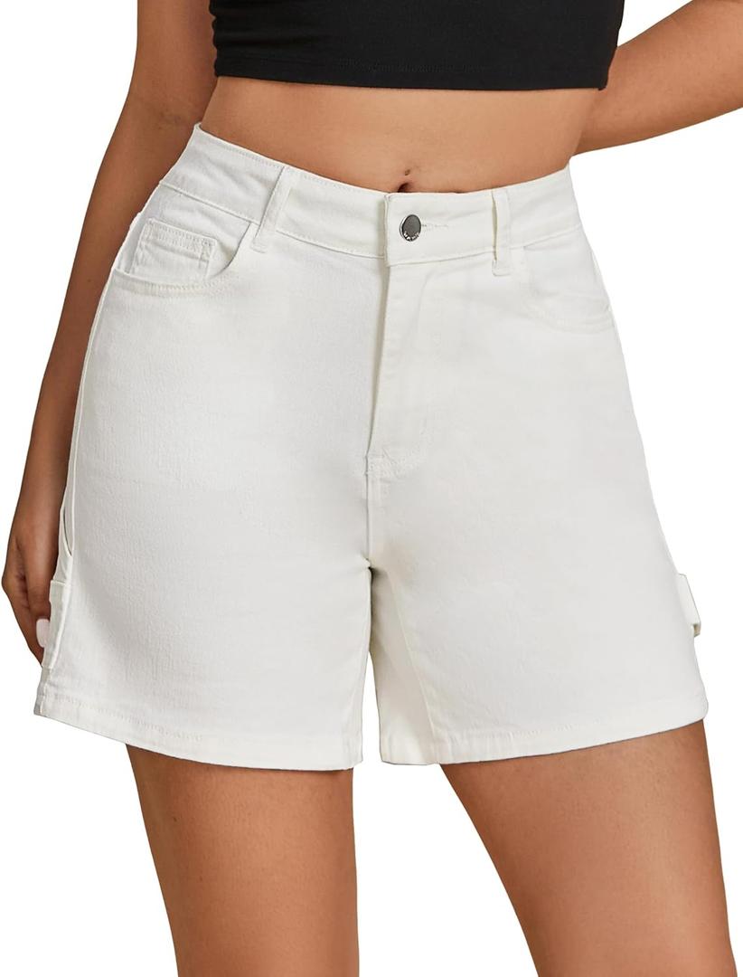 luvamia Jean Shorts for Women High Waisted Trendy Casual Utility Stretchy Denim Jorts Cutoff Long Shorts with Pockets (White, XL)