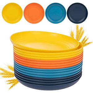 Supernal Wheat Straw Dinner Plates Reusable &Durable Plastic Plates Plastic Dinnerware 16-Pack (4 Orange, 4 Yellow, 4 Blue, 4 Dark Blue), Perfect for Dinner,Party,Outdoor Use