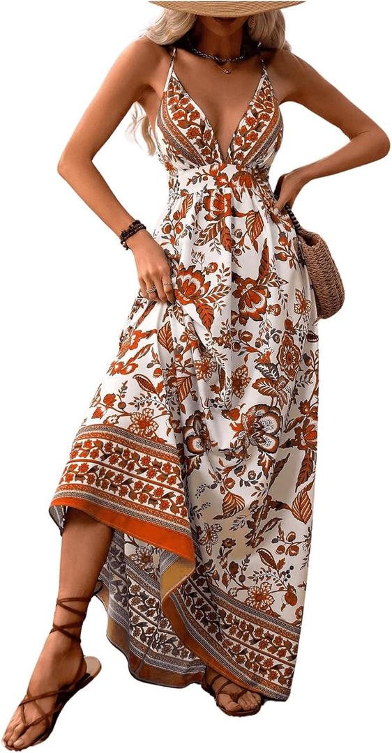 MakeMeChic Women's Summer Backless Dress Vacation Maxi Sundress Boho Floral Print V Neck Flare Cami Dress Yellow Small