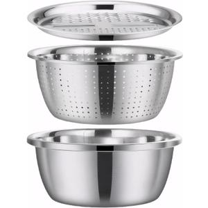 10.24in Multifunctional Stainless Steel Basin,3-in-1 Stainless Steel Basin Strainer Set, Including Solid Basin Drainer and Grater, Easy to Clean and Improve Cooking Efficiency