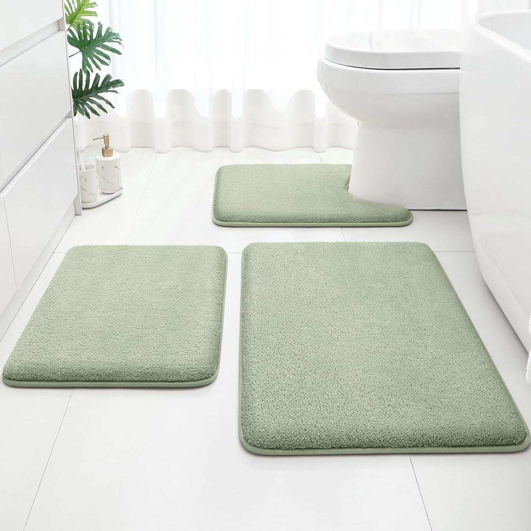 HOMEIDEAS Upgraded Bathroom Rugs Set 3 Piece, Extra Thick Absorbent Soft Memory Foam, Washable Toilet Bath Mat (Sage Green,17"x24"+20"x32"+U Shape 20"x24")