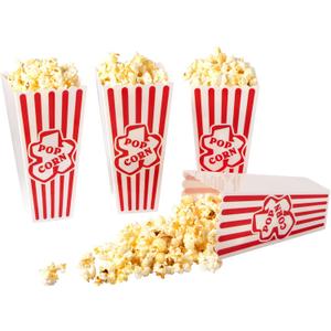 RAYMEA Plastic Popcorn Containers Red & White Striped Retro Style Reusable Popcorn Boxes for Movie Night 4x8 (4 Pack)
