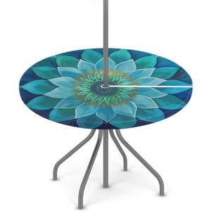 Teal Mandala Flower Outdoor Round Tablecloth with Umbrella Hole and Zipper Elastic Edged Circle Table Cloth Waterproof Fitted Table Covers for Picnic Camping Garden Fit 36-44in