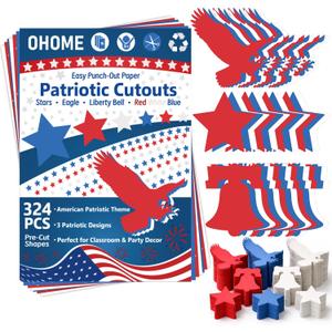 4th of July Decorations - 324 PCS Red White Blue Paper Star Eagle Liberty Bell Shape Cutouts Pre-Cut Set - Fourth of July Accessories, Patriotic Party Supplies Decor,250th Anniversary USA Merchandise