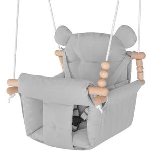 Baby Swing Indoor Outdoor,Secure Canvas Wooden Toddler Swing Seat, 3-Point Adjustable Safety Harness,Mounting Hardware Included,Gift for Boys and Girls, Grey (Gray)