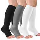 3 Pack Open Toe Compression Socks for Women & Men, Toeless Knee High Stockings for Circulation Support, Black White Gray Small-Medium