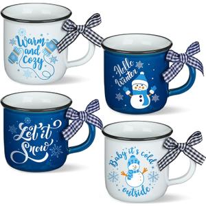 Lallisa 4 Pcs Winter Christmas Coffee Mugs with Ribbon Ceramic Mug Gift Hot Cocoa Mini Coffee Cups Holiday Mugs Tiered Tray Decoration with Handle for Kitchen Farmhouse Home Housewarming Centerpieces