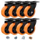 4 Inch Caster Wheels, Casters Set of 8 Heavy Duty, Orange Polyurethane (PU) Casters, Industrial Swivel Top Plate Castor Wheels for Workbench/Furniture/Cart (Pack of 8)