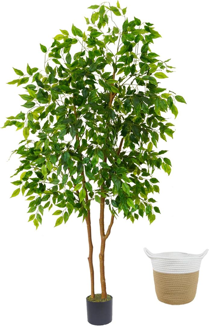 Warmplants Artificial Ficus Tree, 6ft Tall Fake Ficus Tree with Basket, Faux Plant for Indoor Outdoor Home Livingroom Office Garden Porch Dcor