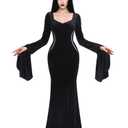 Morticia Addams Goth Dress,Women Bodycon Velvet Floor Length Costume (Black, L)