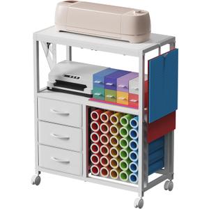 30 Vinyl Roll Holders for Cricut Cart, Rolling Craft Cart with 3 Fabric Drawer, Craft Organization and Storage Compatible with Cricut Maker Machine, Crafting Table Workstation, White, Patent Pending (Large)
