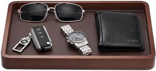 ProCase Wooden Valet Tray for Men, Wood Catch-All EDC Organizer, Nightstand, Entryway Bedside Dump Holder, for Wallets, Keys, Watches, Phones, Loose Change, Trinkets -DarkBrown