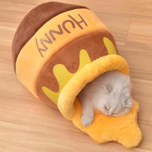 Honey Pot Cat Cave Bed, Soft and Thick Rebound Sponge Pet Nest with Removable & Washable Cushion, Cute Cartoon Design for Small Cats and Breeds (Brown)