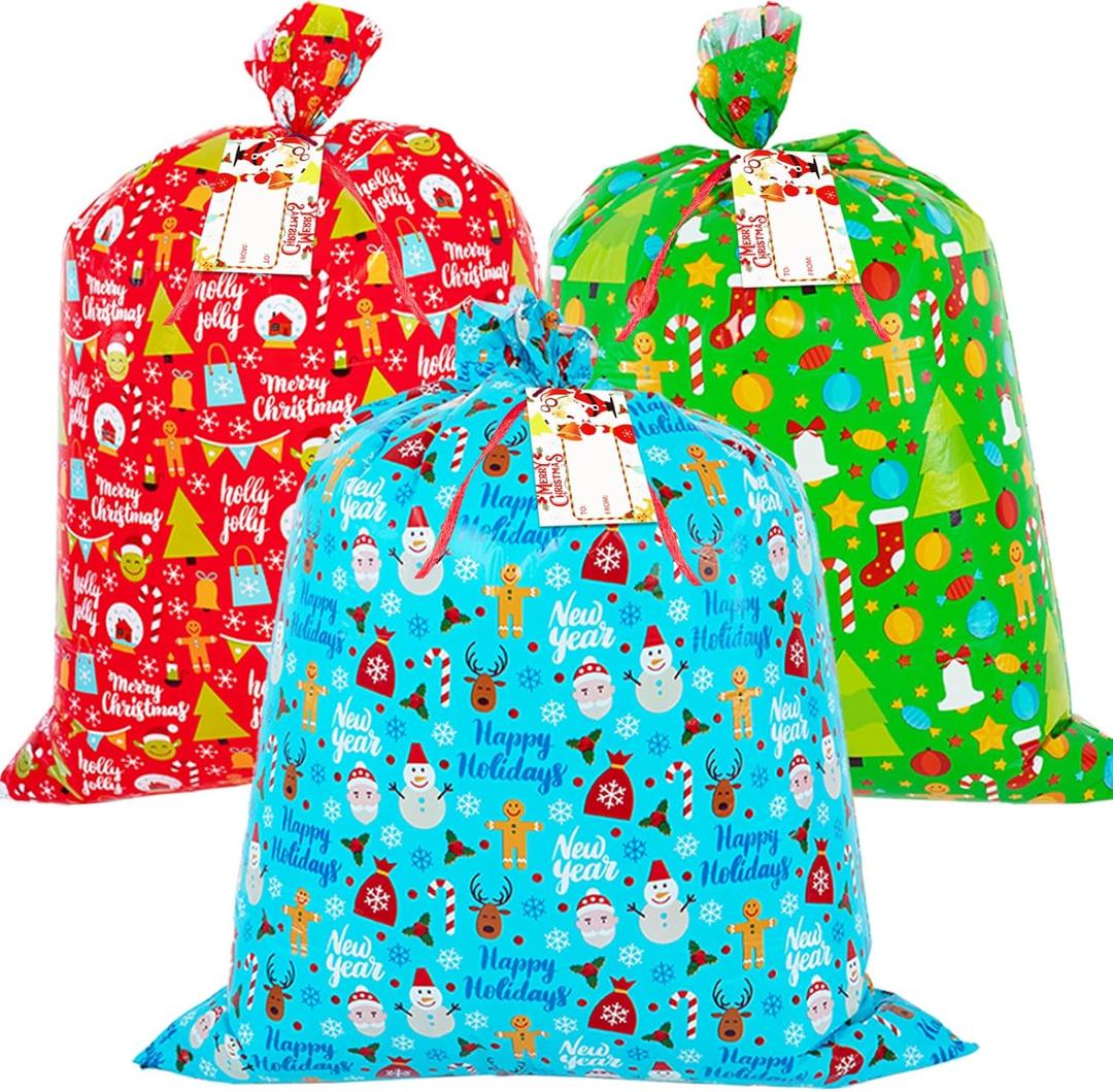 OuMuaMua 3 Pack Large Christmas Gift Bags - 49" x 35.5" Xmas Jumbo Plastic Present Wrap Bags Reusable Party Favor Bags with Gift Tag Cards for Xmas Huge Gifts Decorations Holiday Gift Giving (Green Red Blue)