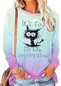 MNLYBABY It's Fine I'm Fine Everything Is Fine Sweatshirt Women Cute Black Cat Tee Tie Dye Cat lover Long Sleeve Top (M)