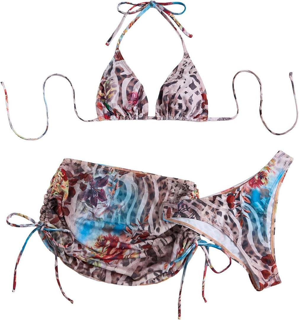 COZYEASE Women's 4 Piece Swimsuits Sexy Bikini Sets Triangle Bathing Suit with Mesh Cover Up Beach Skirt & Bandana (Large, Blue Leopard)