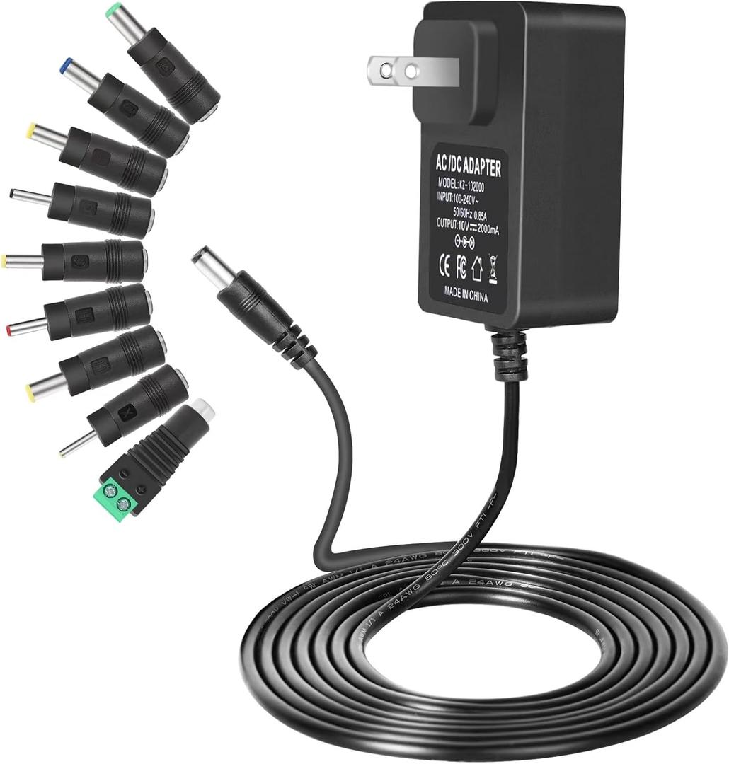 10V 2A,1.8A, 1.5A, 1A,0.5A Power Supply,10V Charger 2A 24W Maximum DC Power Cord Adapter, with 9 Replacement connectors 100V-240V Input Adapter American Wall Plug.