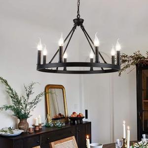Psyverii 8-Light Candle Style Black Wagon Wheel Chandelier, Retro Farmhouse Country Style Industrial Round Pendant Light Fixture for Living Room, Dining Room, Foyer, Kitchen Island, Entryway