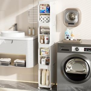 JOYZAN Narrow Bathroom Storage Cabinet with Movable Wheels, Slim Storage Cabinet with 4 Doors & Removable Panel, Skinny Bathroom Organizers and Storage for Small Space, Corner, Kitchen, Laundry, 4-Tiers