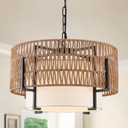 4-Light Boho Rattan Chandelier, 18" Rattan Pendant Light with Fabric Shade, Farmhouse Boho Hanging Chandelier for Dining Room, Living Room, Kitchen Island, Bedroom, Hallway, Foyer