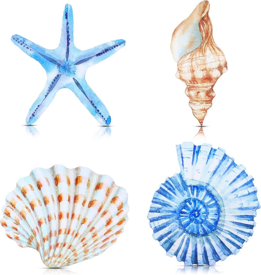 Yookeer 4 Pcs Beach Wall Decor, Wooden Seashell Starfish Wall Decoration, Ocean Coastal Nautical Decorative Art, Rustic Seaside Theme Art for Bathroom Living Room Bedroom Summer Home Decor Gift(Large)