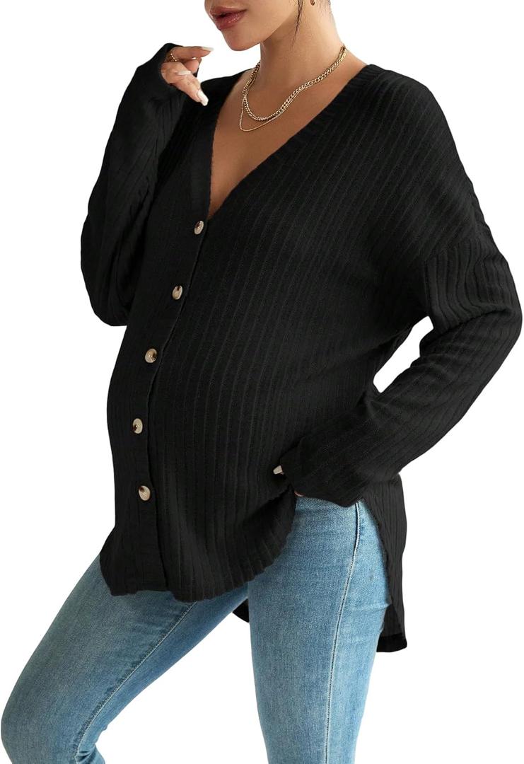 COZYEASE Women's Maternity Tops Long Sleeve Ribbed Knit Button Down Shirts Drop Shoulder V Neck Fall Clothes (Large, Dark Black)