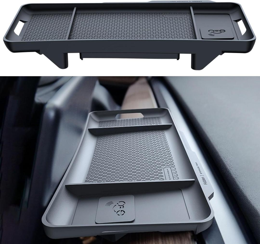 for Tesla Model 3/Y Center Console Organizer - Behind Screen Storage Box Dashboard Hidden Tray Magnetic Card Holder & TPU Storage Tray Behind Screen, No-Tools Installation, Hidden Compartment