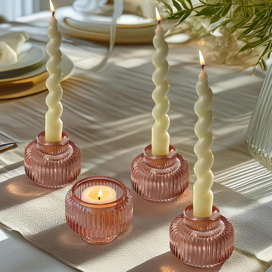 Kate Aspen Rose Gold Taper Candle Holders for Candlesticks Set of 4, Ribbed Glass Candlestick Holders, Votive Candle Holder Decor Accents, Pink Room Styling, Wedding & Home Centerpieces, Table Decor