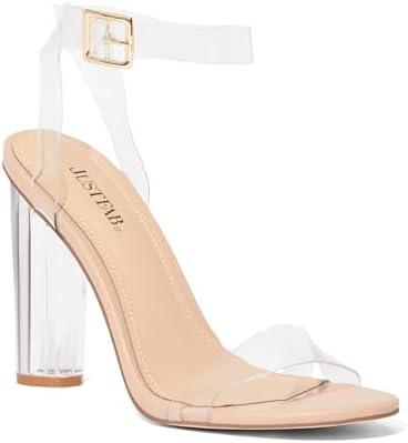 JustFab Women's Clear Chunky High Heels Sandals with Open Toe Ankle Strap Block Heels for Women Clear Shoes Dressy Perfect for Party and Dress Pumps - Hanna Size 8.5