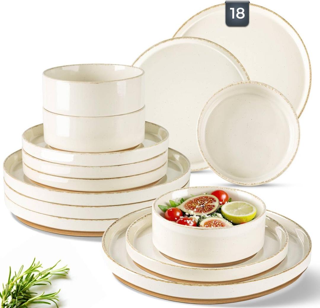 AmorArc Ceramic Dinnerware Sets for 6, 18 Pieces Handpainted Plates and Bowls Set with Rustic Terracotta Underside, Scratch Resistant Stoneware Dishes Set, Dishwasher & Microwave Safe (Beige (Handbrush Rim)
